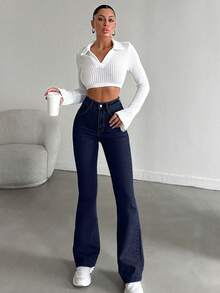 SHEIN HIGH RISE FLARE FIT LIGHT BLUE JEAN - Dark Wash - View 4
