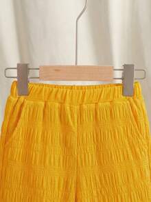 SHEIN Bộ 2 món thời trang dễ thương cho bé gái, gồm áo sơ mi cổ bèo nhún thắt nơ sau lưng và quần ống rộng dệt kim. - Màu vàng - Xem 7