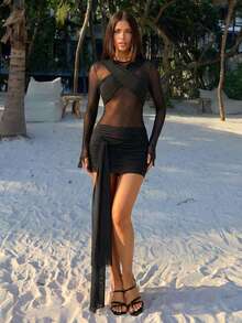 SHEIN ICON 夏季女士黑色科切拉音乐会俱乐部性感度假外出派对舞会时尚性感网纱拼接紧身迷你连衣裙 - 黑色 - 查看 3