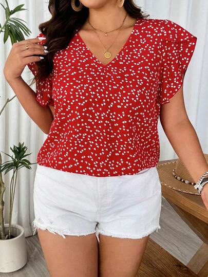 Elenzga Blusa casual, versátil y elegante con cuello en V, mangas con volantes y estampado de corazones, adecuada para ir al trabajo, salidas, el Día de San Valentín, citas románticas, vacaciones en la playa, verano, para mujeres de talla grande