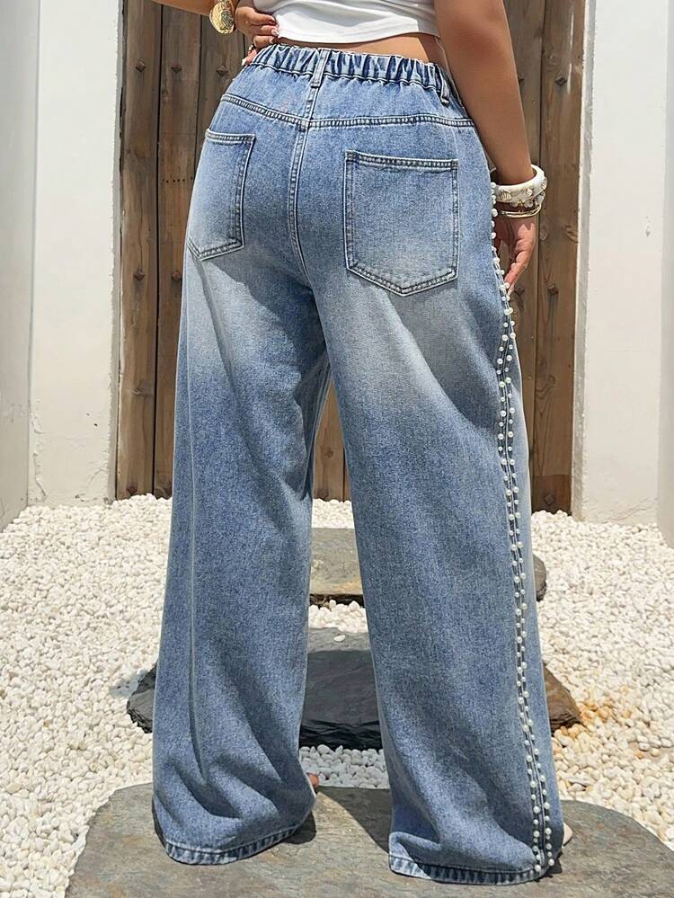 Dazy Plus Regular Waist Pearl Beaded Loose Straight Leg Jeans, Casual City Style Plus Size Women Spring/Summer