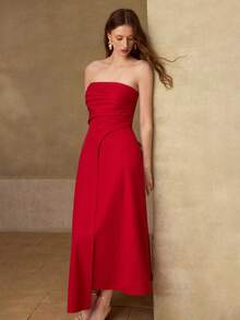 MOTF PREMIUM VESTIDO ELEGANTE CON PLIEGUES PLEGADOS SIN TIRANTES - Rojo - Ver 5