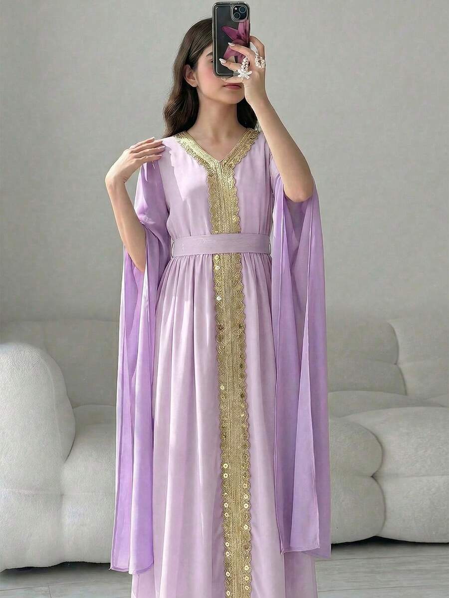 SHEIN 优雅紫色长袖连衣裙,袖口开衩设计,饰以金色丝带,适合少女穿着,可用于节日、派对、春夏等场合。 - 紫色 - 查看 1