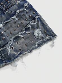 ROMWE J-Fashion Chân váy mini denim ôm sát rách rưới, đính đinh tán và ngọc trai, phong cách retro Y2K dành cho nữ. - Màu xanh lam - Xem 4