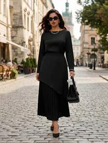 GlowEve CURVE 大码女式优雅宽松百褶中长裙 - 黑色 - 查看 8