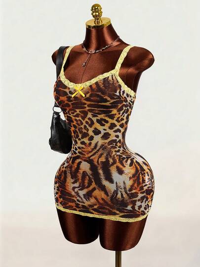 Mistrie 2026 New Sexy Sheer Mesh Leopard Print Lace Patchwork Mini Dress, Vacation Style For Women