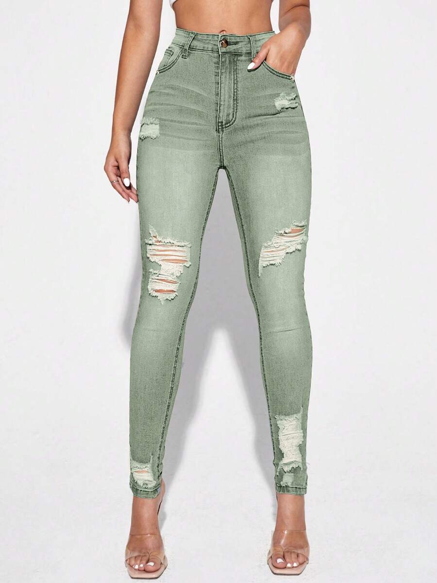 SHEIN Essnce Casual Distressed Denim Jeans, Simple & Fashionable For Everyday Wear - Green - View 1