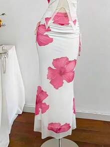 Franclia White Summer Boho Sexy Vacation Holiday Two Pieces Dress, Strapless Sleeveless Floral Print Mesh Ruffle Bohemian Tropical Wedding Golf Guest - White - View 4