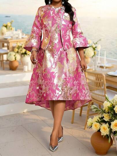 Fleurora Plus Size Pink Elegant Jacquard Cinched Waist Sleeveless Dress And Jacket 2-Piece Set, Summer Size Summer Dress Spring Dress Wedding Guest Dress For Women Party Dress Elegant Dresses For Party Wedding&Party&I Cocktail Party Luxury Evening Dresses For Women Formal Dresses For Women Floral Dresses For Women High Tea Outfits Elegant Birthday Dresses For Ladies Special Occasion Wedding Outfit For Women Guest