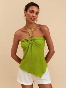 Travachic Top halter con textura de punto jacquard y decoración dorada - Verde militar - Ver 4
