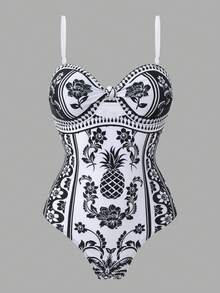 Swim Oasis 2026新款春夏女士两件式泳衣带裙，印花优雅休闲沙滩度假泳装套装 - 黑與白 - 查看 3