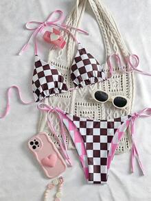 Swim Mod Bộ bikini nữ kẻ caro hai mặt có dây buộc cổ - Nhiều màu - Xem 8