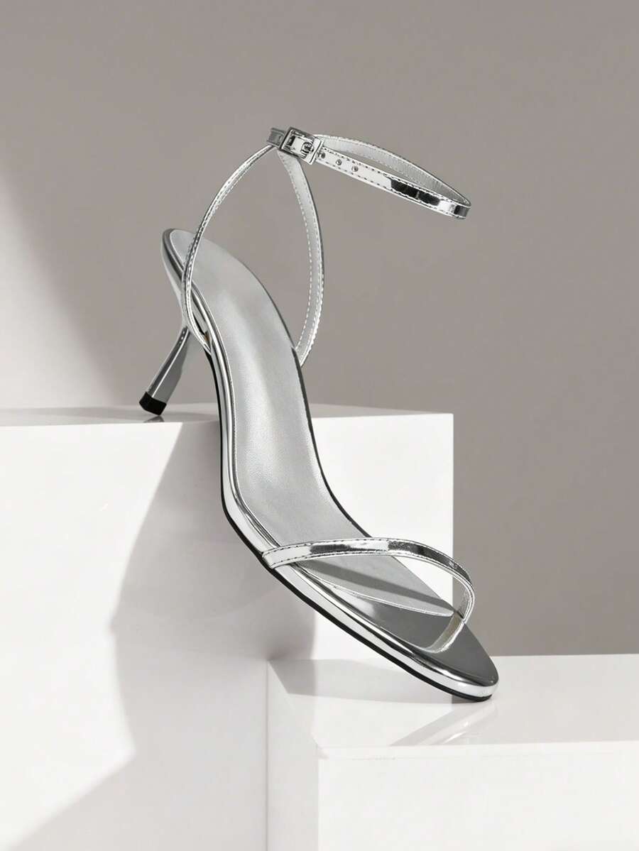 SHUZIA Giày sandal cao gót mũi nhọn quai ngang mắt cá chân thanh lịch dành cho nữ. - Bạc - Xem 1