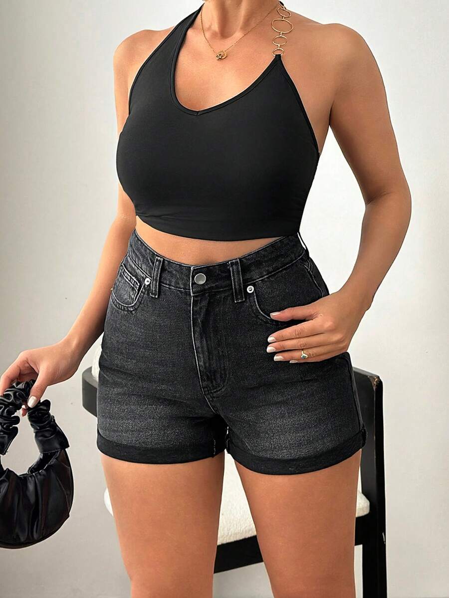SHEIN High Waist 90's Style Casual Streetwear Black Denim Short Folded Hem Detailed Beach City Break Going Out Summer - Black - View 1