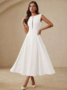 Aveloria Modichic Elegantes, anmutiges, schickes, luxuriöses Modekleid mit rundem Ausschnitt, exquisiter Perlenapplikation vorne, taillierter Taille und ärmellos - Weiss - Übersicht 4
