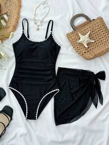 SHEIN Kids/Teen Girls' Black & White Contrast Color Shell Ruffle Bow Decor Casual One-Piece Swimsuit With Cover-Up Skirt, Vacation Beach Style - Black - View 4