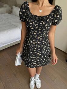 少女海军蓝碎花蝴蝶结领修身泡泡袖迷你连衣裙，适合派对、度假、海边奶奶装扮 - 黑色 - 查看 5