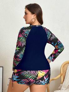 Swim Lushoire Plus Size Tropical Print Surfing Outfit Beach Navy Blue Summer - Navy Blue - View 3