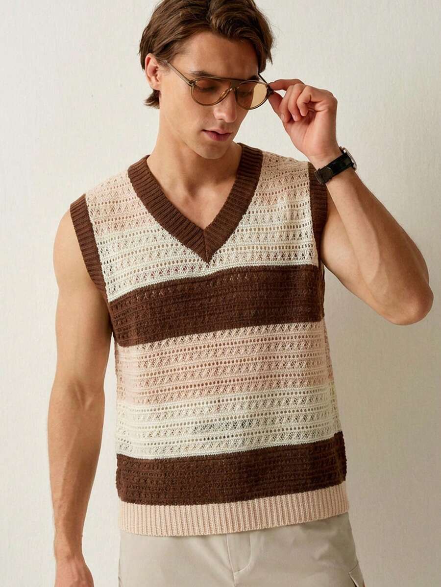 RONVEXI 男士夏季休闲度假撞色条纹V领镂空针织毛衣背心 - 彩色 - 查看 1