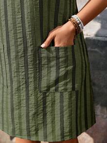 EMERY ROSE Plus Size Women's Retro Wavy Striped Linen-Like Casual Sleeveless Dress With Buttons And Pockets, Suitable For Vacation And Home Wear - Army Green - View 3