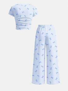 Bộ đồ 2 mảnh dễ thương kiểu retro cho bé gái, gồm áo thun ngắn tay và quần legging kẻ sọc xanh dương in hình nơ, thích hợp mặc hàng ngày. - Nhiều màu - Xem 6