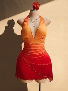SHEIN ICON 大尺碼女款復古優雅深V領收腰不對稱下擺落日橘漸層修身掛脖洋裝，適合夏季海灘度假假期 - 橘色 - 查看 9