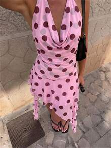 Aloruh 优雅度假风波点印花不对称迷你连衣裙，玫瑰红 - 玫紅色 - 查看 3