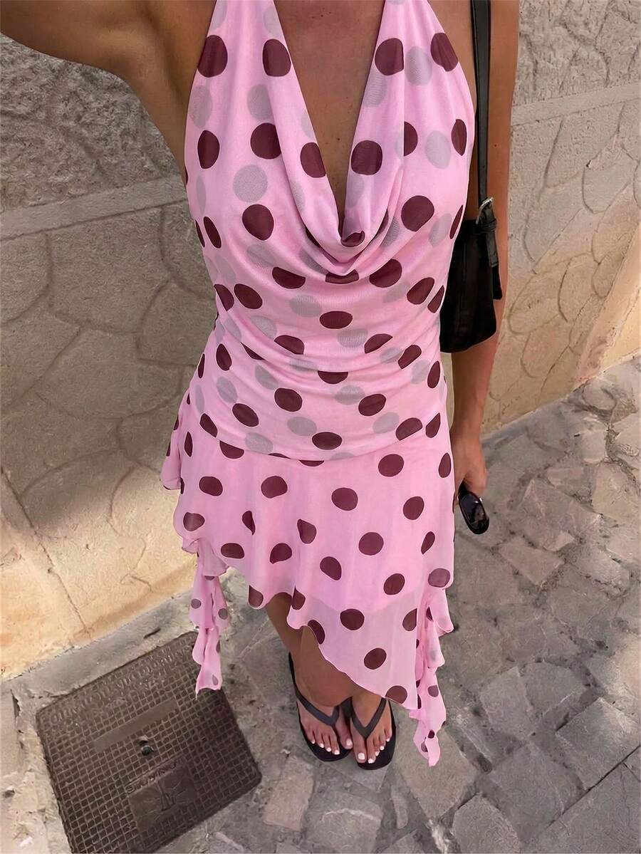 Aloruh 优雅度假风波点印花不对称迷你连衣裙，玫瑰红 - 玫紅色 - 查看 1