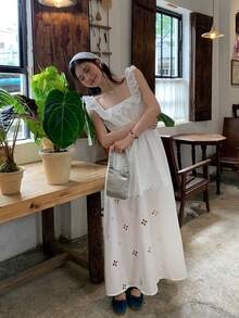 DAZY Women's Casual Ruffle Trim Long Slit Dress, Korean Style - White - View 4