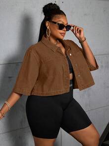 Slaydiva Plus Size Women Denim Jacket, Sleeveless, Cropped, Non-Stretch - Brown - View 6