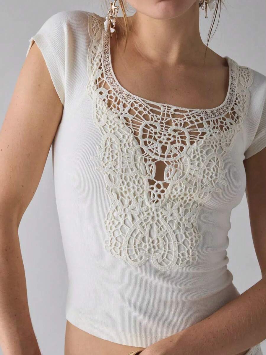 Easelle Women's Summer Casual Vacation White Scoop Neck Lace Patchwork Fitted T-Shirt Country Concert Graduation Tops For Women Cute T Shirt - White - View 1