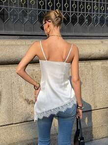 Siren Gaze Women's Summer Minimalist Solid Color Contrast Lace Asymmetric Hem Camisole,Summer Top - White - View 2