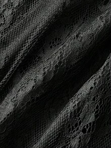 ROMWE Goth 哥特式深色叶子刺绣花瓣袖蕾丝连衣裙，度假森系风格 - 黑色 - 查看 4