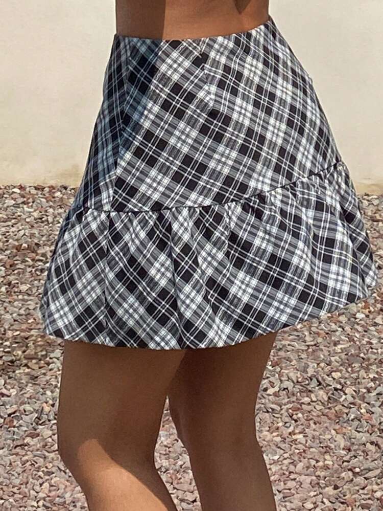 Plaid Ruffle Hem Casual Vacation Skorts For Women, Summer Boho