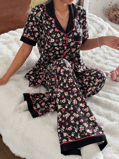 CottageSlumber Bubble Wrinkle All-Over Tiny Ditsy Floral Lapel Trim Women Pajama Set