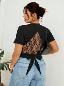 Lounesse 大码女式圆领蕾丝系带露背休闲性感上衣蕾丝黑色露背上衣蕾丝上衣黑色透视露背衬衫女式短袖上衣 - 黑色 - 查看 4