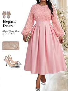 Fleurora Abito elegante da festa con fiori, in taglie comode, con maniche a lanterna e inserti in rete - Rosa antico - Visualizzare 1