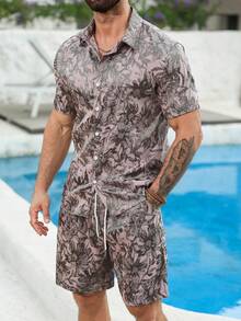 VENTUSAIL Conjunto de camisa de manga corta y pantalones cortos de satén jacquard de moda para hombres - Multicolor - Ver 1
