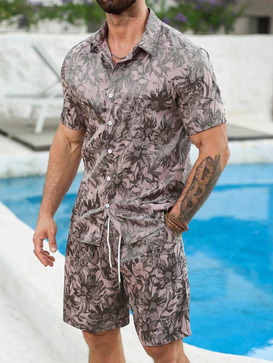 VENTUSAIL Conjunto de camisa de manga corta y pantalones cortos de satén jacquard de moda para hombres - Multicolor - Ver 1