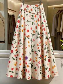 Franclia Falda evasé de cintura alta con estampado floral diminuto al estilo francés de verano, versátil - Albaricoque - Ver 1