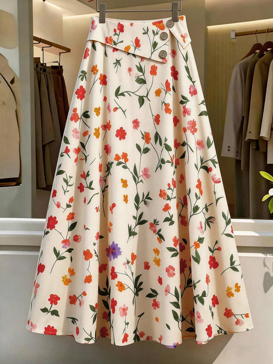 Franclia Falda evasé de cintura alta con estampado floral diminuto al estilo francés de verano, versátil - Albaricoque - Ver 1