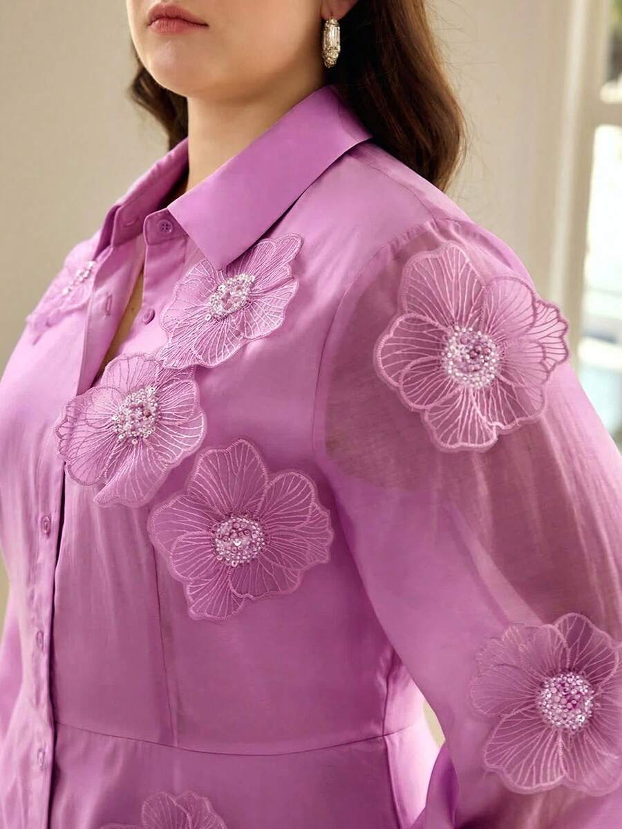 MOTF PREMIUM WOMEN'S LANTERN SLEEVE FLORAL PATCHED LONG SHIRT DRESS, SPRING/SUMMER FALL - Purple - View 2