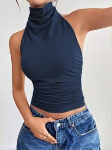 女士纯色褶皱修身休闲露背上衣 - 藍色 - 查看 3