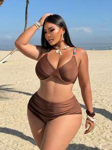Swim Chiccia Plus Size Women's Soft Cup Underwire Top & Printed Triangle Bottoms Bikini Set - Chocolate Brown - View 3