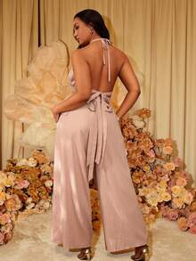 Slaydiva Women's Plus Size Elegant Dusty Pink Summer 2 Pieces Outfit,Backless Tie Strap Top & Wide Leg Pants Set For Holiday,Tea Party,Vacation & Casual Wear - Khaki - View 10