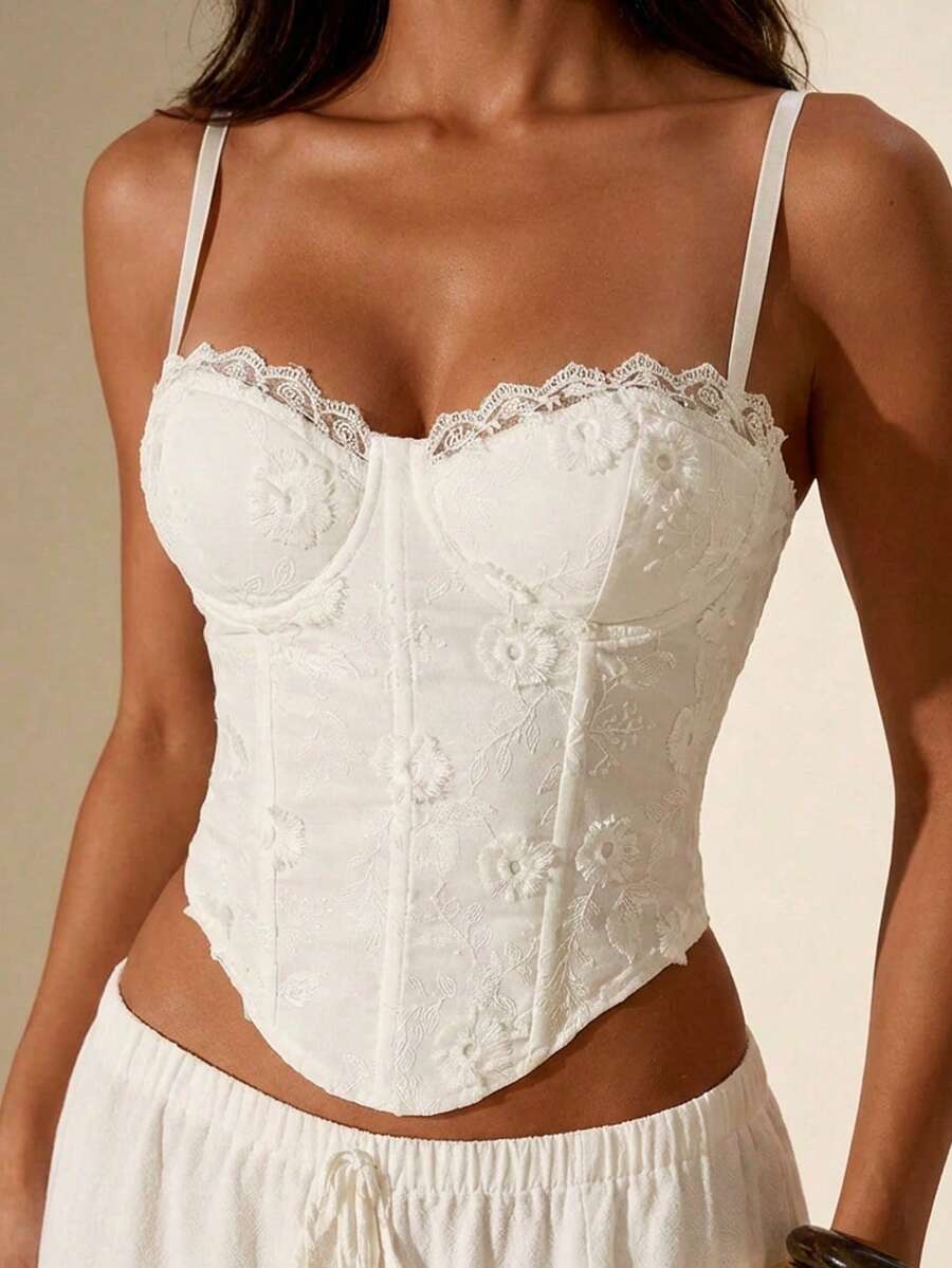 SHEIN Glamour 女士系带修身百搭约会之夜吊带背心上衣，女士束身胸衣上衣 - 白色 - 查看 1