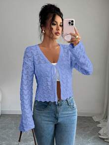 Elenzga Áo khoác cardigan nữ thanh lịch thắt nơ phía trước khoét rỗng - Màu xanh lam - Xem 3