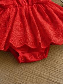 Newborn Baby Girl Cute Vacation Casual White Embroidered Floral Ruffle Romper - Red - View 4