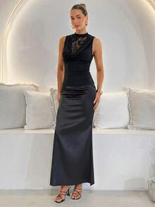 Lavishia 女士优雅撞色蕾丝修身吊带背心，夏季必备 - 黑色 - 查看 5