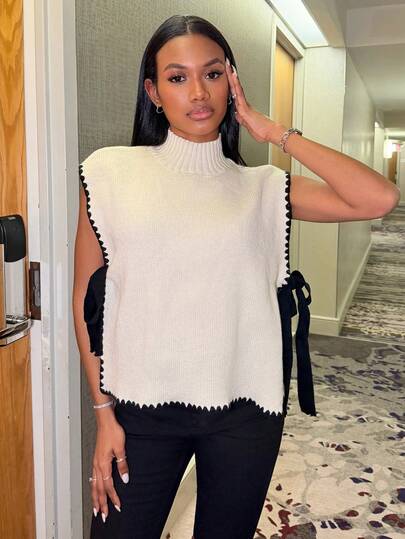 Natali Santanap Chaleco de punto con cuello alto, ribete de contraste y abertura lateral con lazo para mujer en otoño/invierno